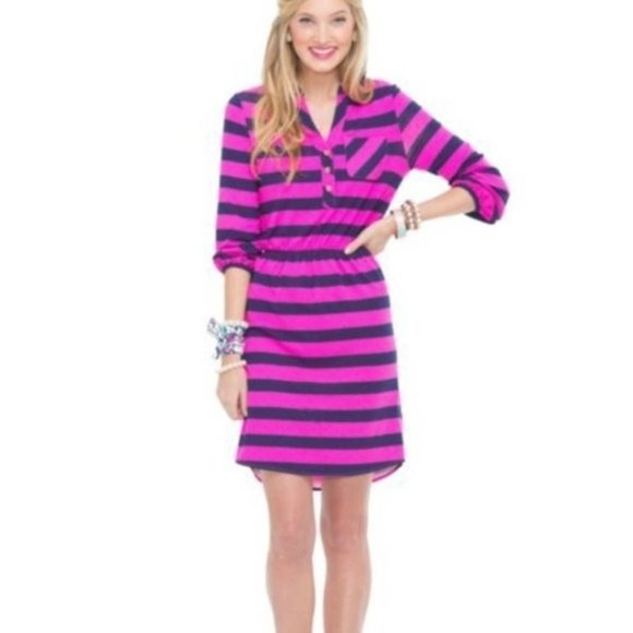 Lilly Pulitzer Beckett Stripe Balloon Sleeve Cinch Waist Dress Pink Blue Size XS - Picture 2 of 8